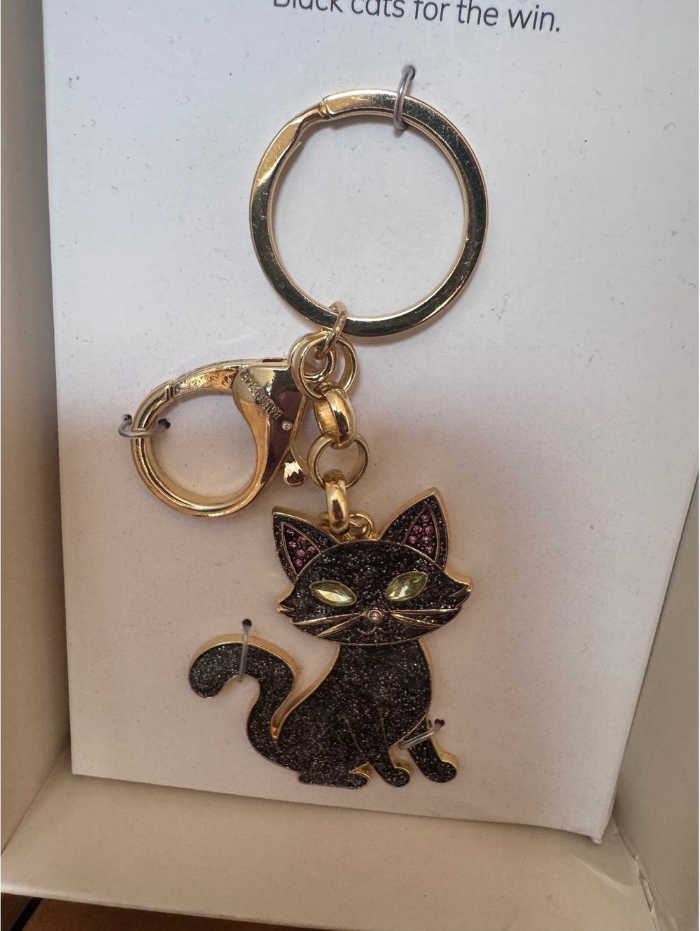 BaubleBar Black Cat Bag Charm Keychain Gold Tone Rhinestone Crystal Eyes NWT